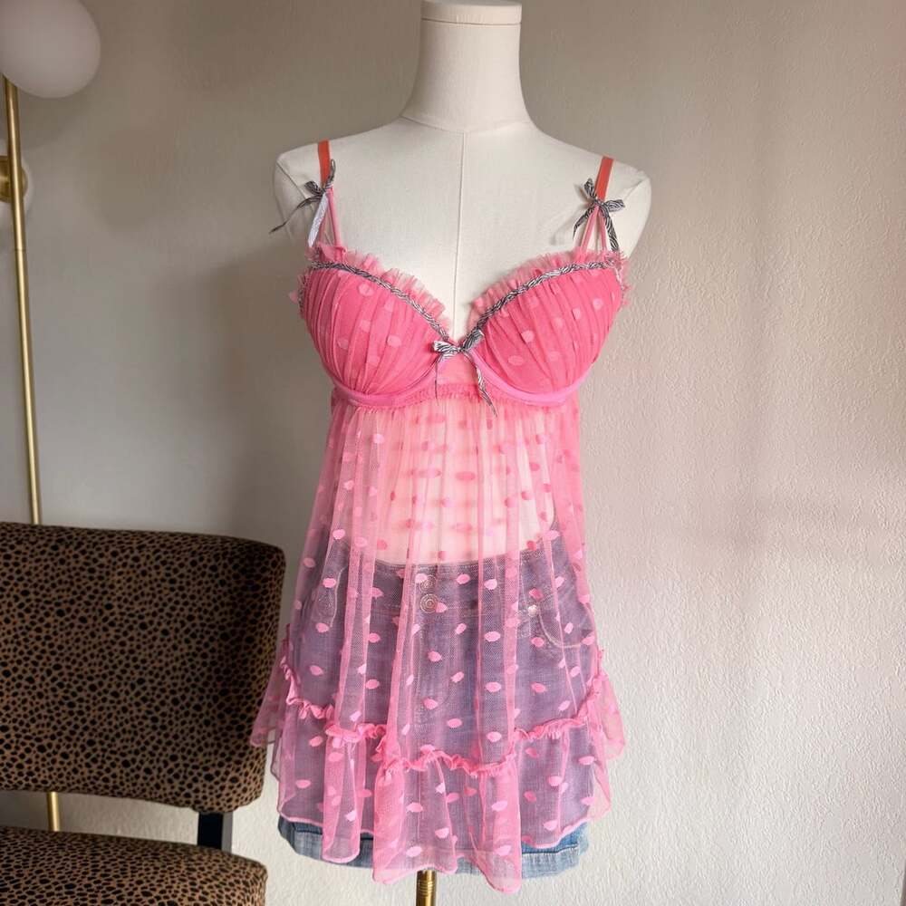 Velvet Kitten Pink Polka Dot Babydoll Lingerie Size S Coquette